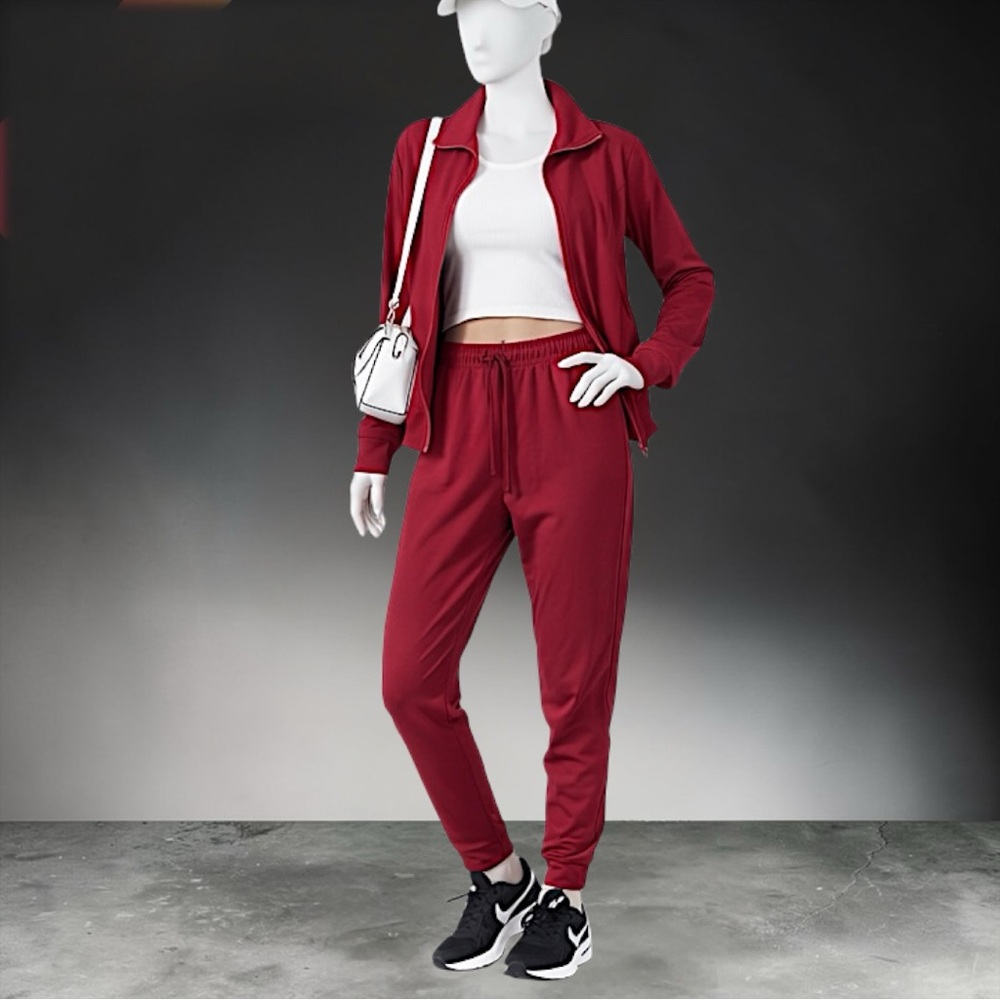 New Women's Zip-Front Track Jacket & Pants Set - Burgundy - Picture 3 of 13